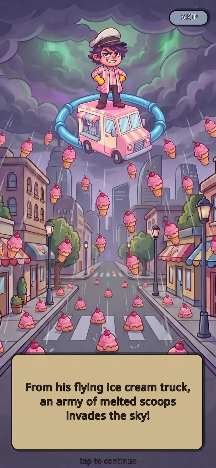 Ice Cream Rush story scene with a flying ice cream truck